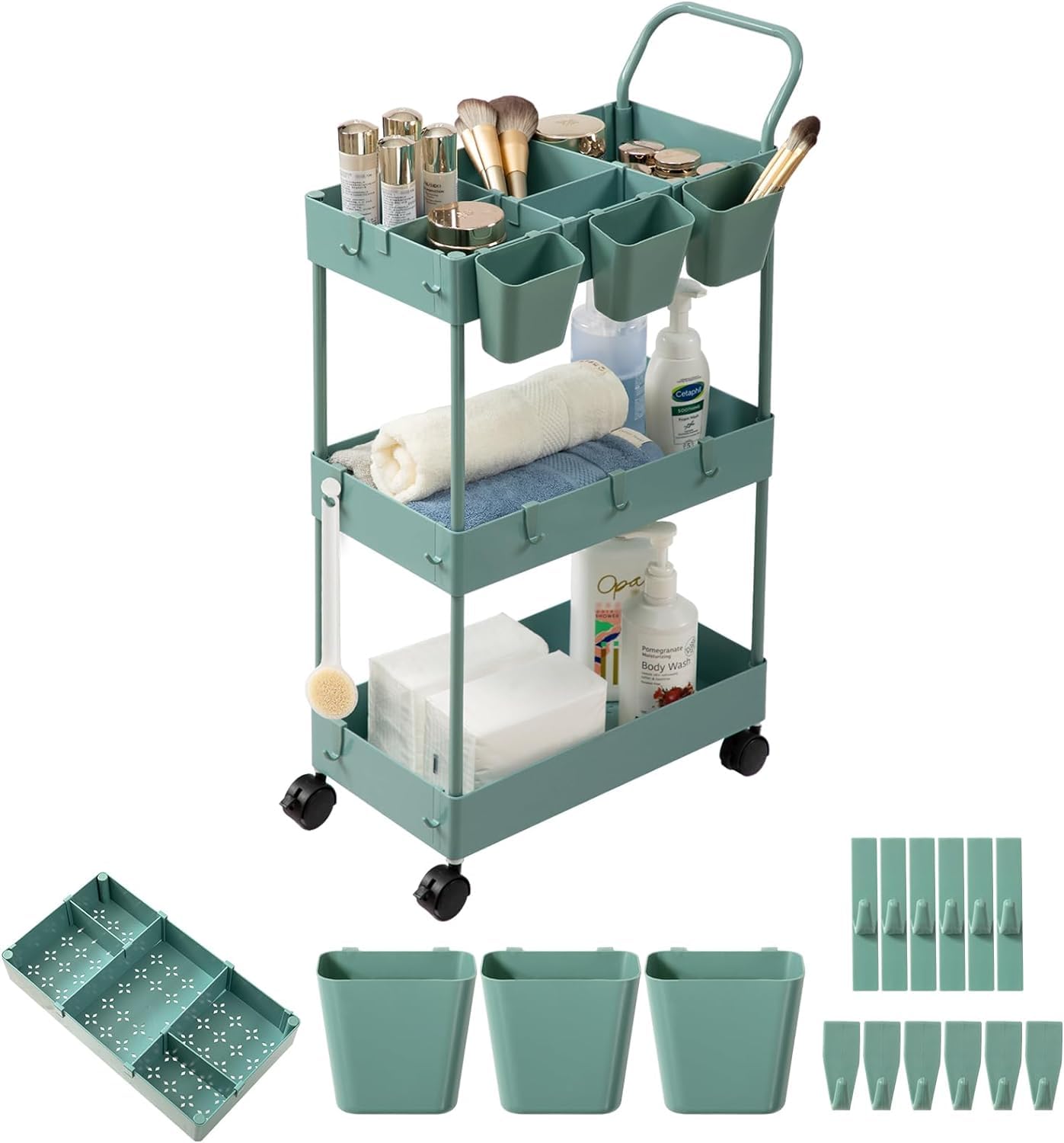 danpinera Carrello portaoggetti su ruote, carrello da bagno a 3 ripiani, sottile, con ruote, divisori per appendere tazze e ganci, facile da montare, verde