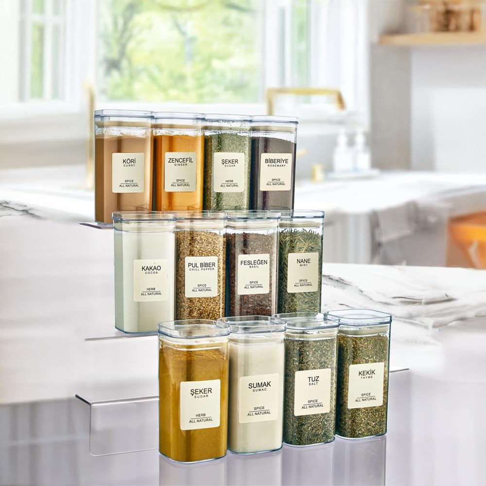 12-teiliges Acryl-Gewürzgläser Set – 300 ml – Quadratisch & stapelbar – Mit luftdichtem Vakuumdeckel & 40 Etiketten – BPA-frei & ideal zur Vorratshaltung