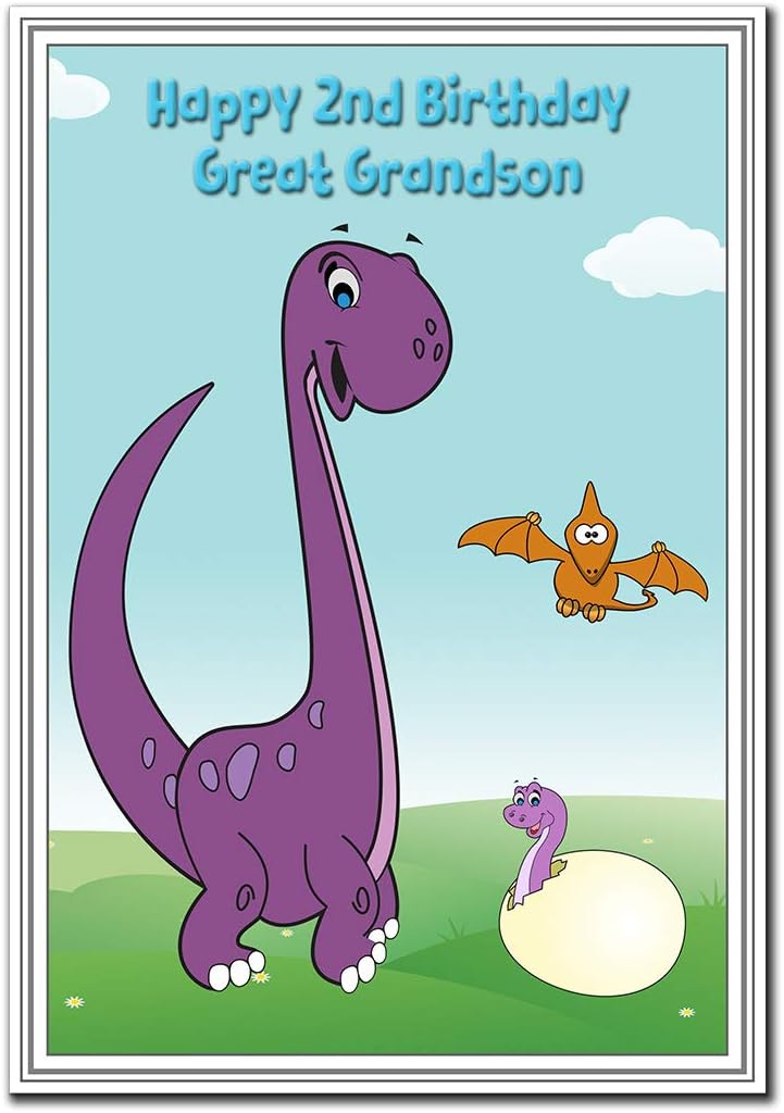 2nd Birthday Cards for Boys - 2 Year Old Boy - Age Two Baby Card - Quality (Great Grandson 2nd Birthday Card - Cute Dinosaur)