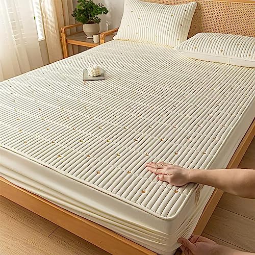 YUDEYU Gesteppt Spannbettuch Gewaschene Baumwolle Köper Schleifen Tagesdecke Matratzenschoner (Farbe : Weiß, Größe : 150x200cm+28cm)