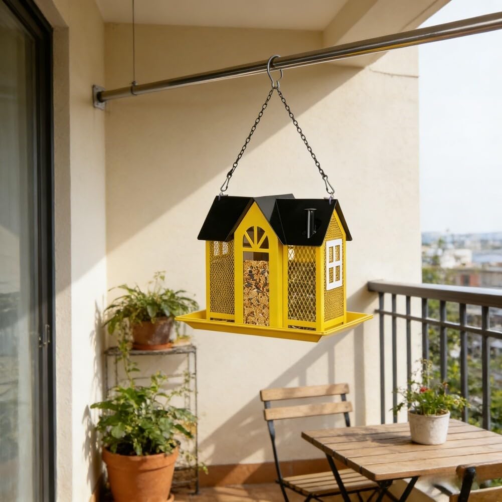Mangiatoia per uccelli in metallo, creativa, altalena, casa, colibrì, decorazione da giardino da appendere (nero)