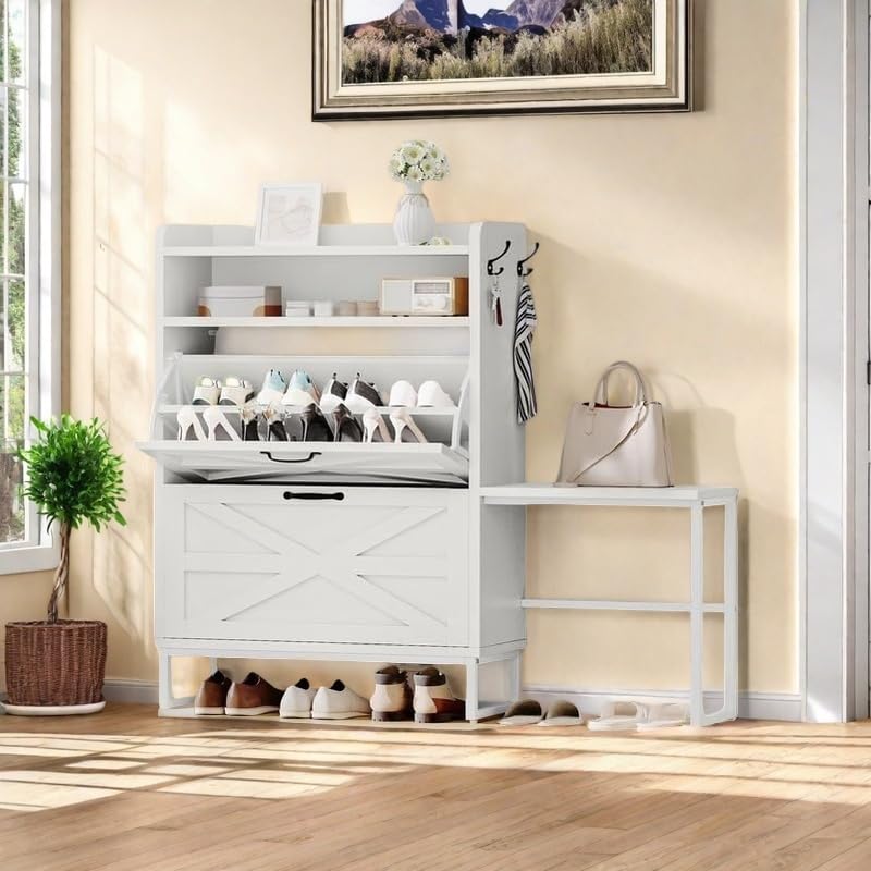 DWVO White Farmhouse Shoe Cabinet with Bench – 2 Flip-Door Drawers for 16 Pairs, Slim Entryway Organizer for Hallway Living Room