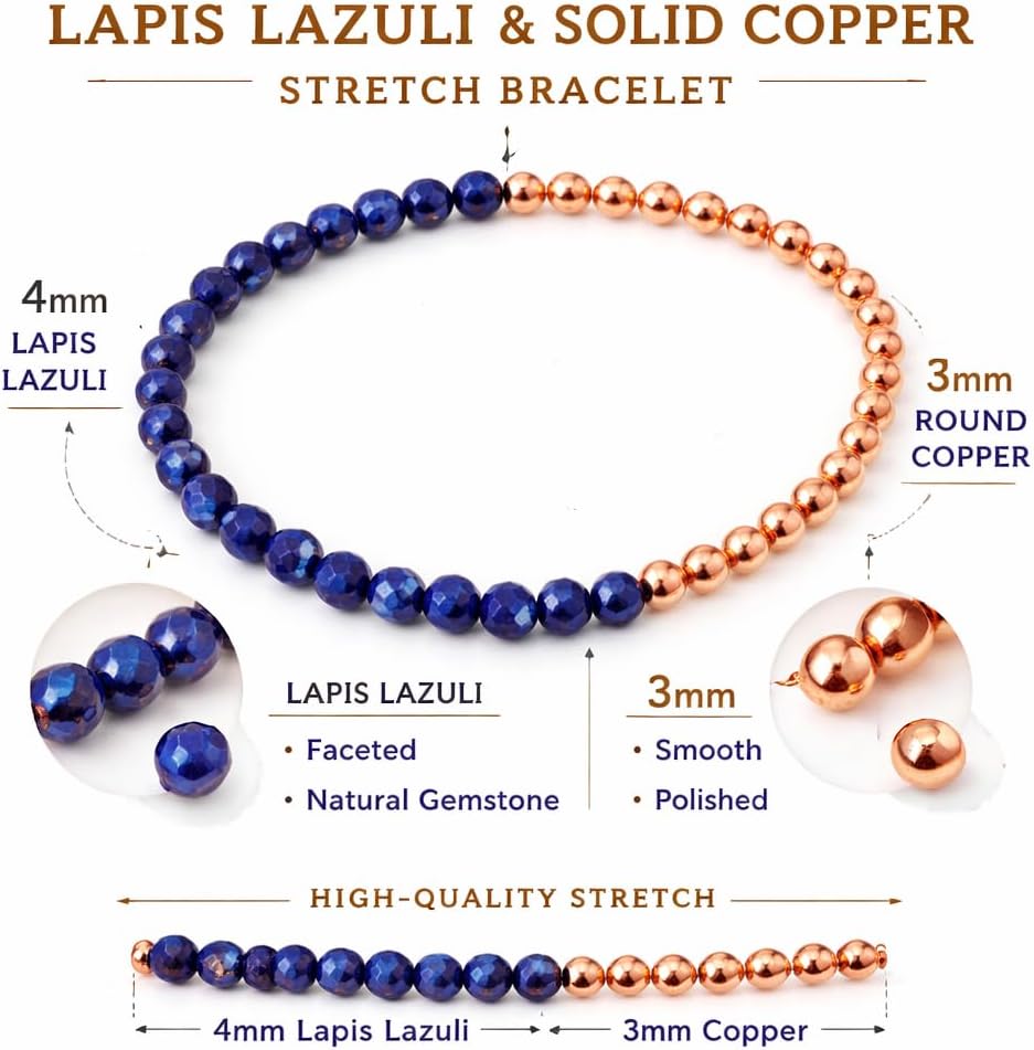 Solid Copper stretchy Bracelet with Natural Crystals/Gemstones Healing and Protection Bracelet | Elastic Stretchy Jewelry with Crystal Beads for Women and girls