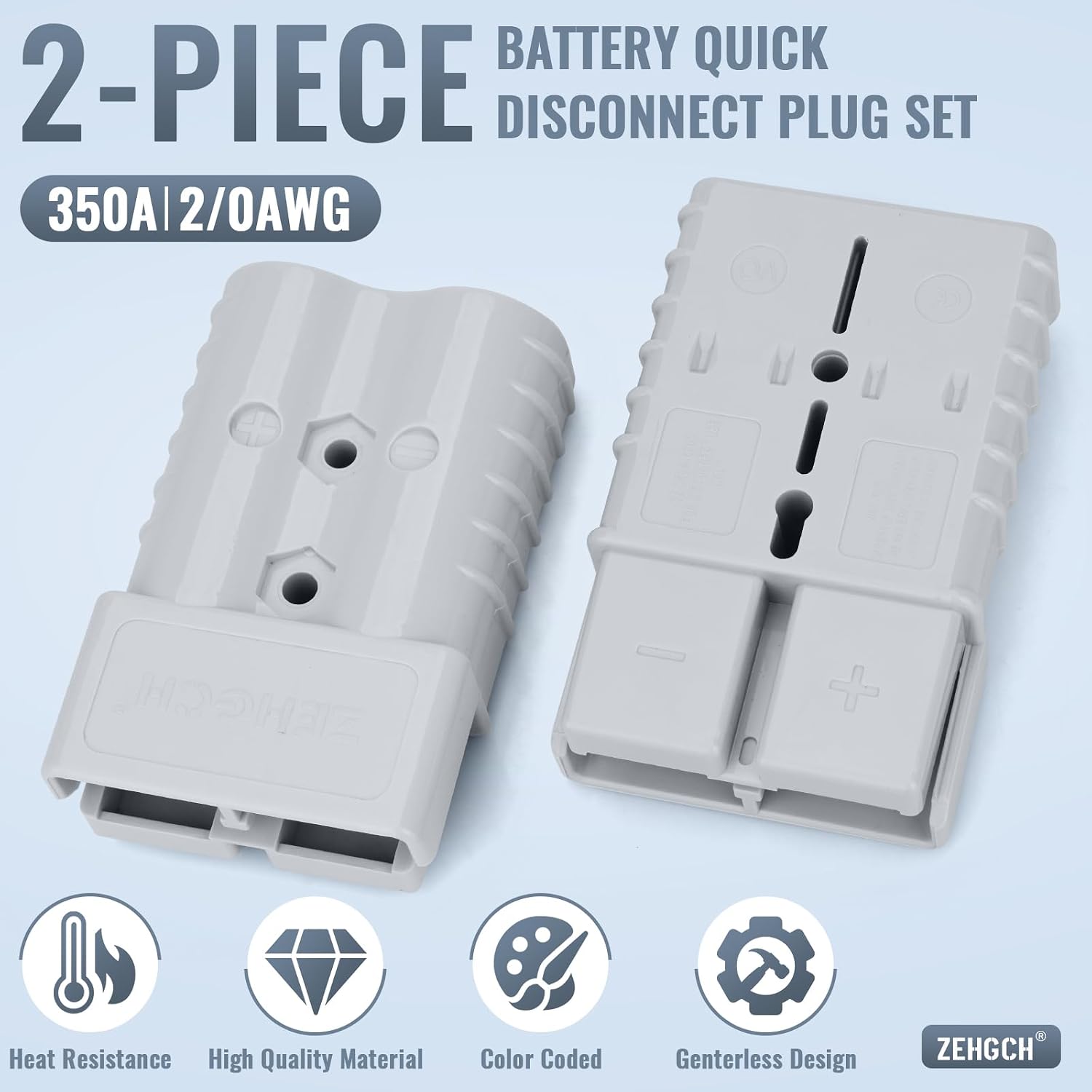 350Amp 600V Battery Cable Quick Connect/Disconnect Connector Plug Kit for Car Forklift Motor Winch Trailer (2/0AWG 2PCS Gray)