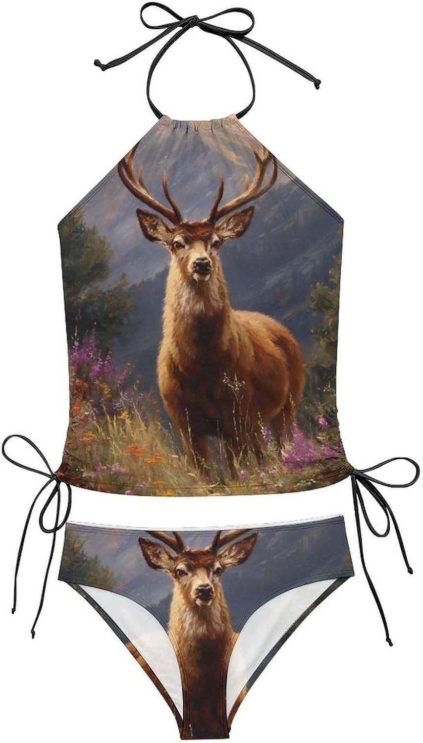 Oil Painting Deer Sunset Mountain Women Tankini 2 Piece Swim Bathing Suits | tummy control,high neck top with bottom,swimwear,swimsuits