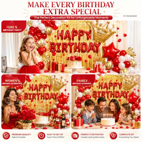 Image of Red Birthday Decorations for Girls | Red Party Decorations, White Gold Confetti Balloons, Curtain for Bithday Baby Shower Wedding Anniversary Bachelorette Party
