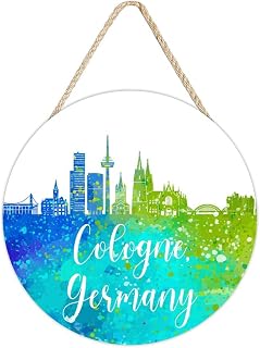 Glohox Germany Cologne Rainbow Skyline Welcome Sign Front Door Decor, City Skyscraper Buildings Silhouettes Round Wood Hanging Sign Decor Farmhouse Wall Sign Decorations for Door, Porch, Home