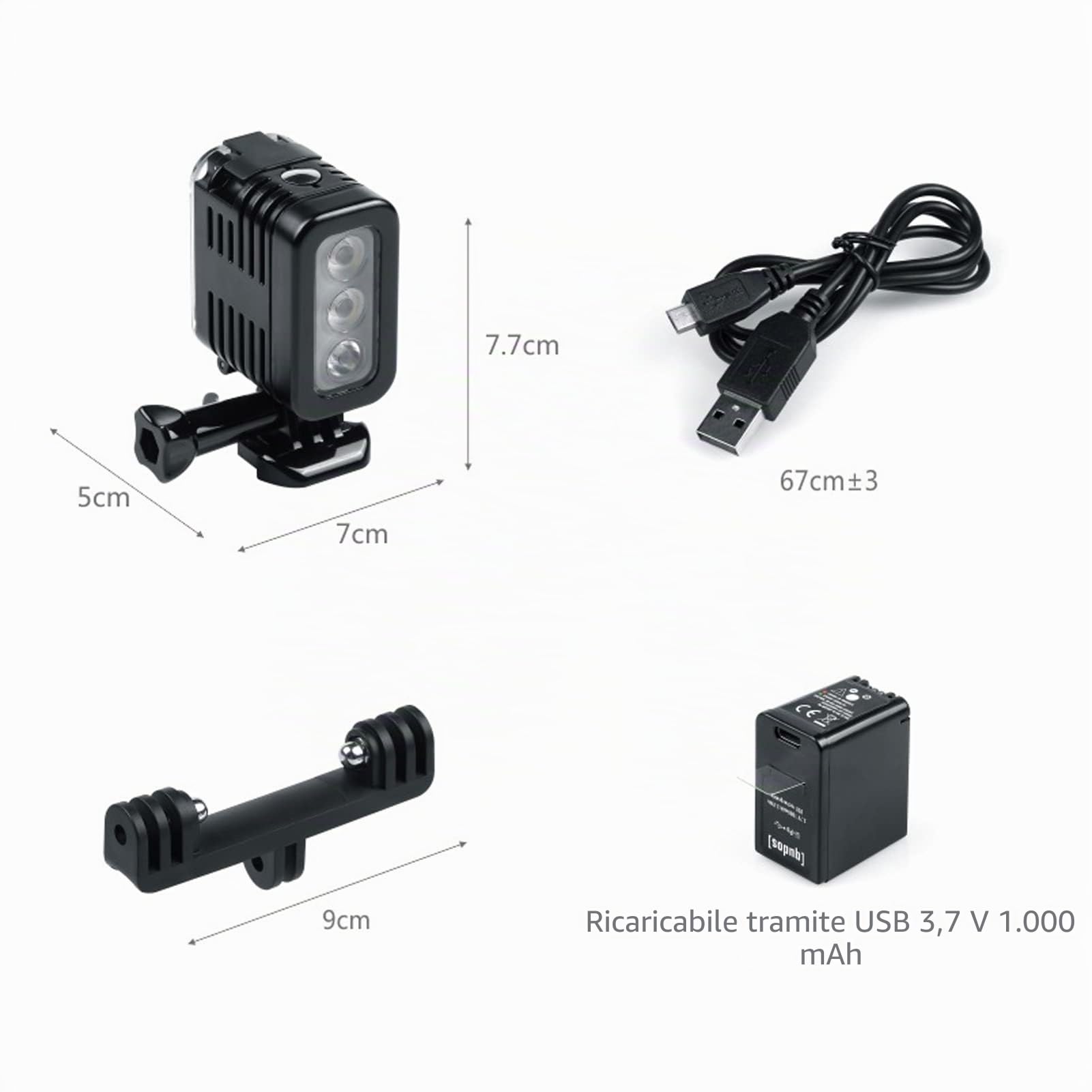Yunseity Luce Subacquea per, Action Camera, Luce di Riempimento Subacquea Dimmerabile Impermeabile da 147 Piedi, Luce Video LED Ricaricabile USB