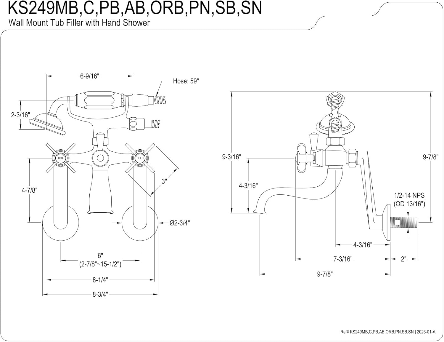 Kingston Brass KS249SN Kingston Tub Wall Mount Clawfoot Tub Faucet with Hand Shower, Brushed Nickel