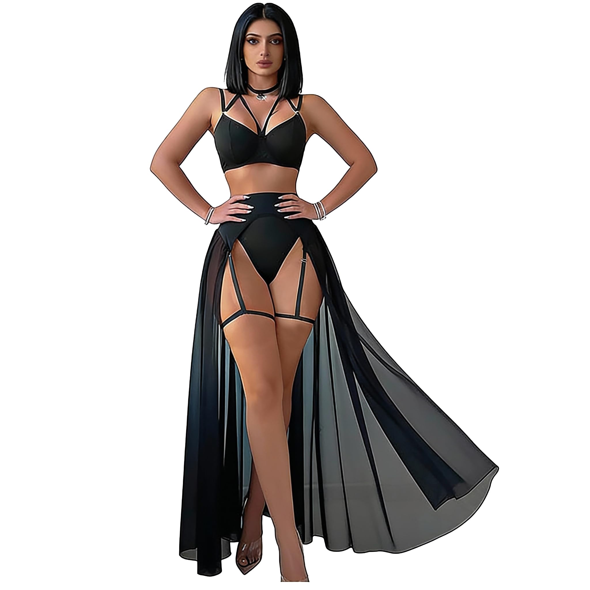 Black Garter Lingerie Set with Skirt for Women - Elegant Lace Nightwear Romantic Bridal Sleepwear Set, Honeymoon Dress, Wedding Date Night Outfit Gift for Wife, Girlfriend-image-4