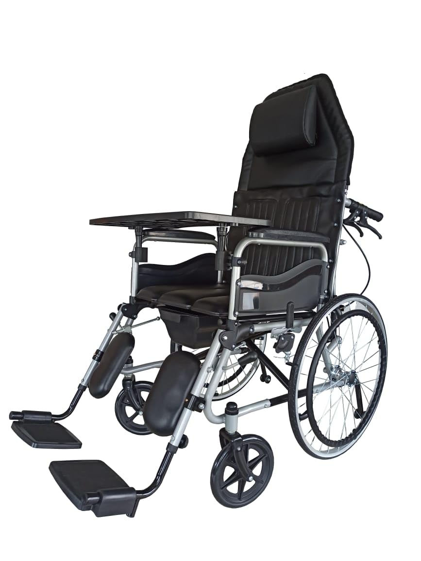 Karma Hydraulic Recliner Cum Commode - Ryder 8 wheelchair | Foldable | Wheelchairs for old people | With Premium U-Cut Seat and 3 D Headset| With Table | Detachable Armrest-image-40