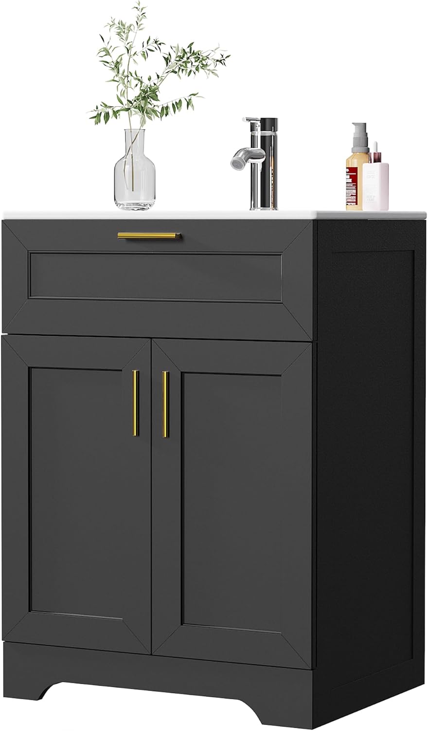 24 inch Bathroom Vanity with Ceramic Sink, Bathroom Sink and Cabinet Combo Set, Wood Vanity with Hidden Storage, Vanity Sinks for Bathrooms, Painted Surface (Black, 24 inch)