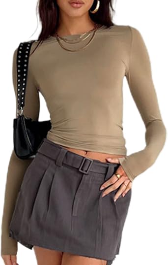 Womens Slim Fit Long Sleeve Crop Tops Solid Color Crew Neck Tight Tee Casual Basic Going Out T Shirt Blouse