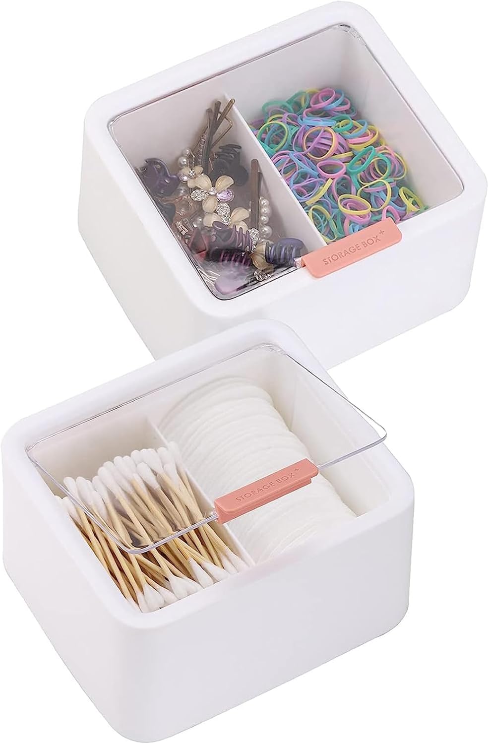 Busy Mom 2Pcs Qtips-Holder Large Cotton Swabs Dispenser Bathroom Canisters Cotton Balls, Cotton Pads Storage Container, Makeup Sponge, Tooth Pick, Hair Accessories & Much More (White)