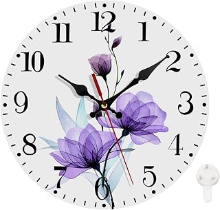 Ansouyi Round Wall Clock Battery Operated Clocks Wallclock 10 Inch,X-Ray Purple Roses Flowers and Leaves Silent Non Ticking Wall Clock for Living Room,Kitchen,Home,Bathroom,Bedroom,Office or School