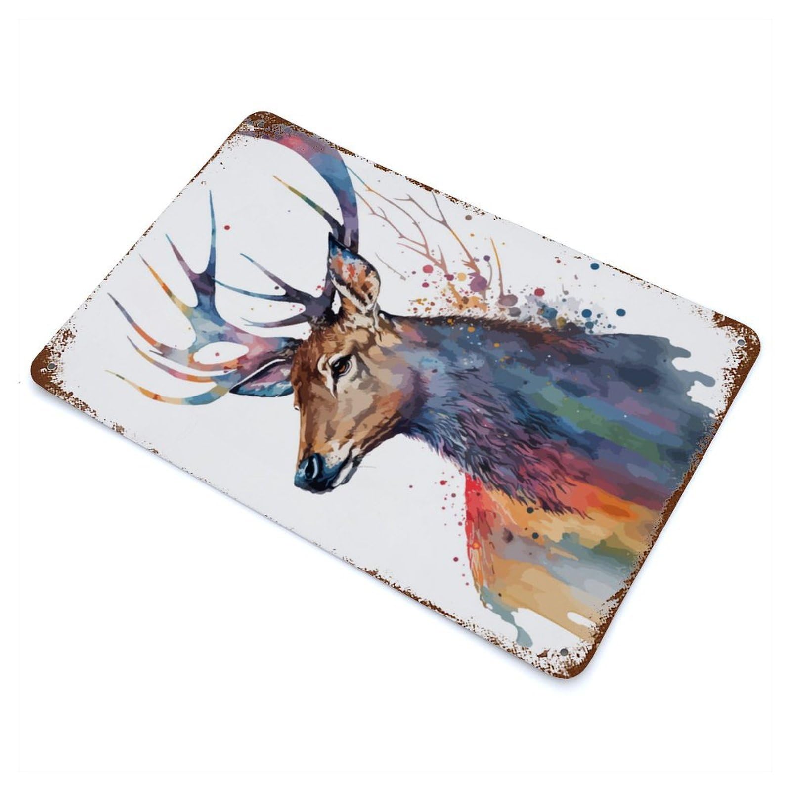 Garage Style Deer In Watercolor Art Rustic Tin Plaque 11.8"x7.9", Classic Wall Plaque for Bar And Workshop