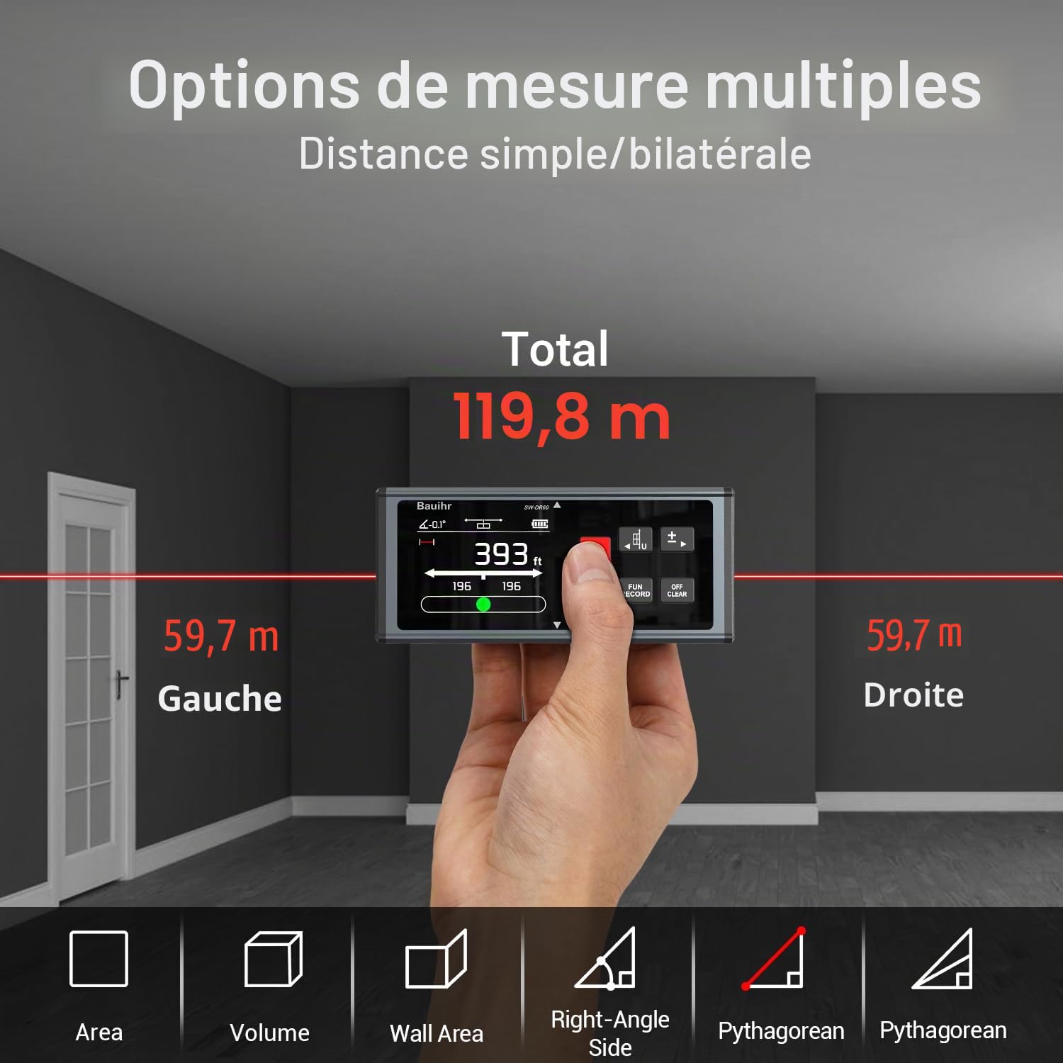 Télémètre Laser Bilatéral, Bauihr 393ft/120M Rechargeable Mesure Laser avec écran LCD Rétro-éclairé, Capteur d'angle Mesurede Unités Commutables,Pythagore, Mesure Surface et Le Volume