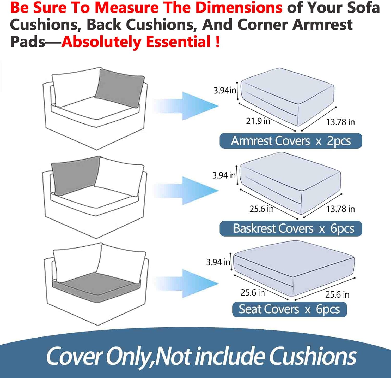 14Pcs Patio Cushion Covers Replacement Splashproof UV-Resistant Inelastic Covers with Zippers, Max Compatible 25.6x25.6x4inch Patio Cushion, for 7 Pcs Outdoor Patio Furniture Sets