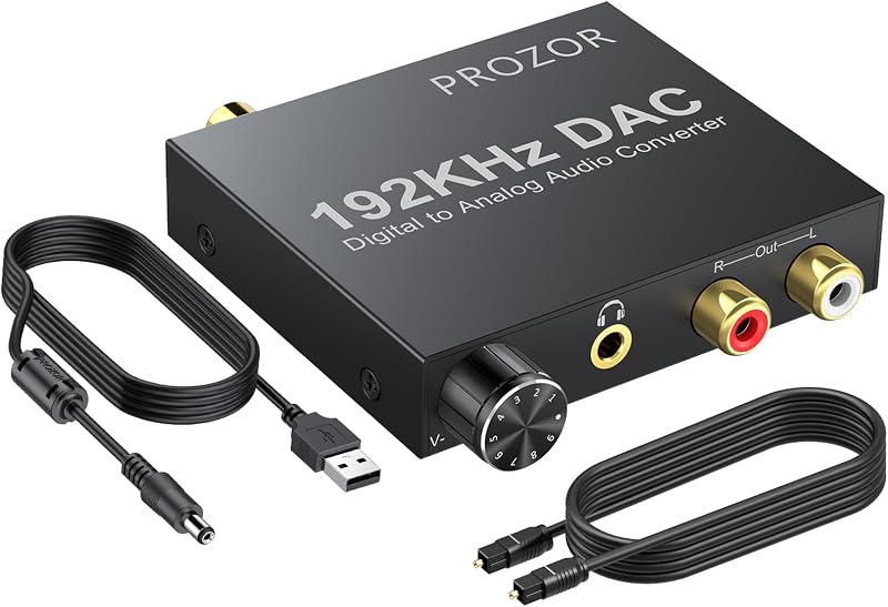 PROZOR 192KHz Digital to Analog Audio Converter Optical to RCA Adapter Upgrade Volume Adjustable DAC with Optical Cable, SPDIF TOSLINK to Stereo L/R & 3.5mm Jack Converters