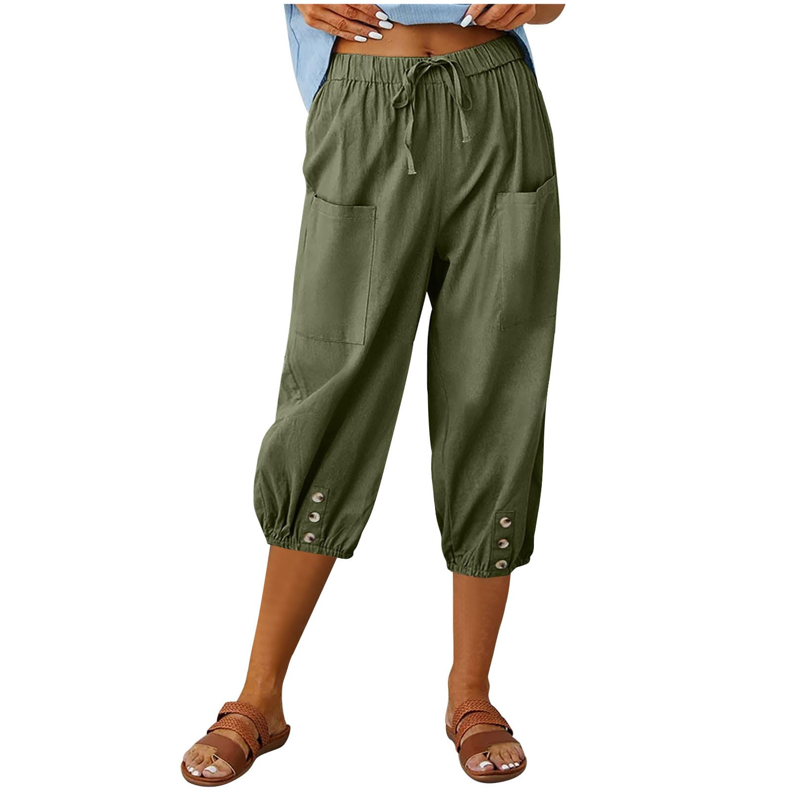 Bidobibo Linen Pants Women Capri Straight Leg Palazzo Pants Beach Trousers for Women Plus Size High Waisted Trousers