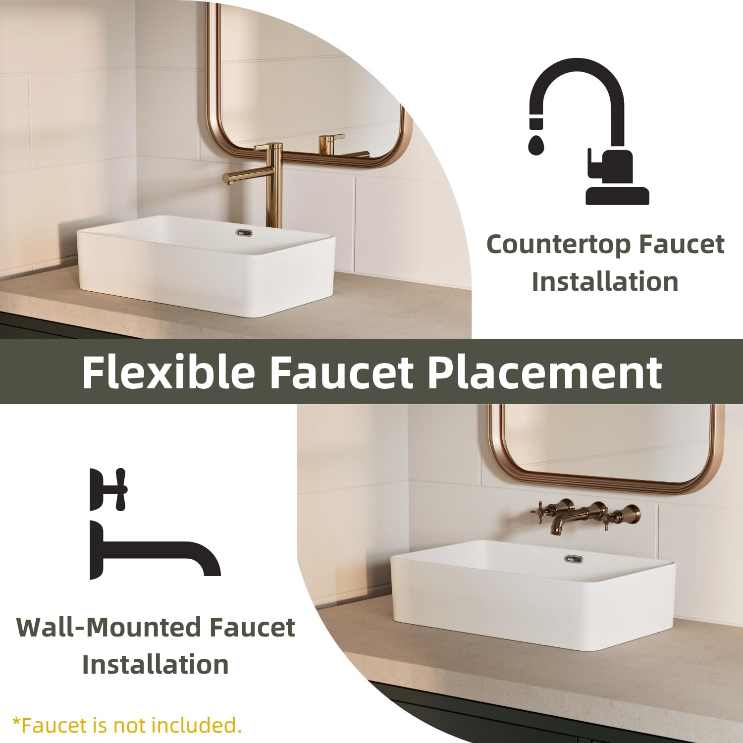 22 Inch Bathroom Vessel Sink with Overflow, Los Flexi 22"W x 13"D Rectangular Vessel Sinks for Bathrooms, White Porcelain Basin, Modern Above Counter Bathroom Sink