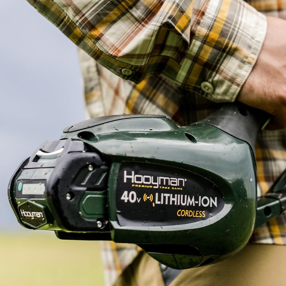 Hooyman Cordless 40 Volt Lithium Pole Saw with In-Line 8in Saw, Auto-Oiler, 40V Battery with Charge Indicator, Ergonomic Grip, and Carry Case for Cutting, Tree Trimming, Hunting, Camping, and Outdoors