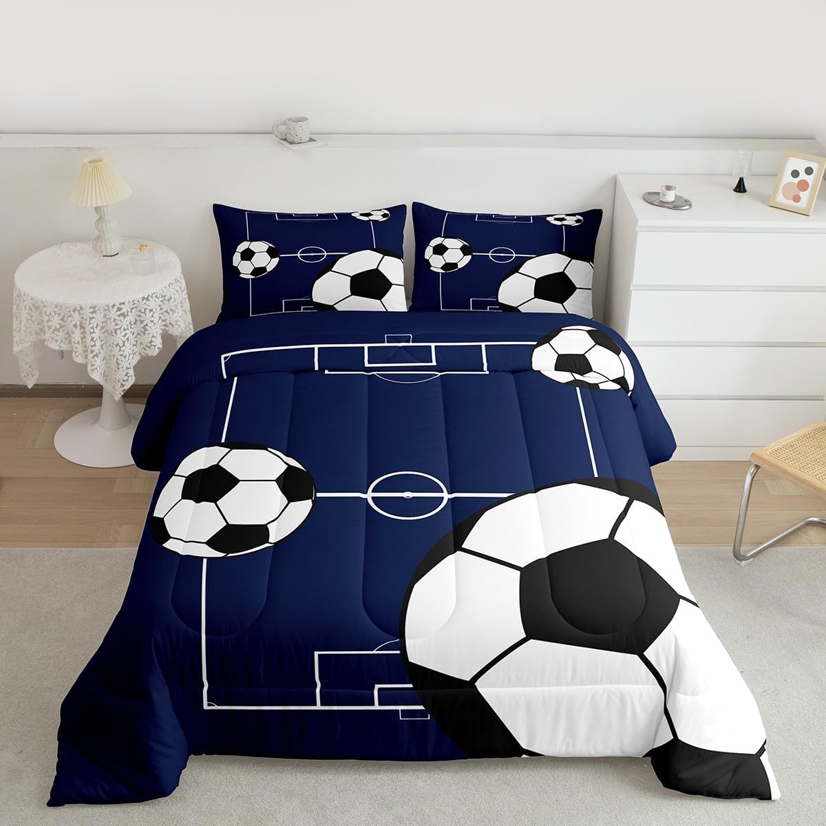 Erosebridal Football Comforter Set Twin Size Boys Sports Theme Comforter for Teens Soccer Ball Pattern Bedding Set Football Court Quilt Bedroom Decor Playground Blue White for Kids Girls - Image 2