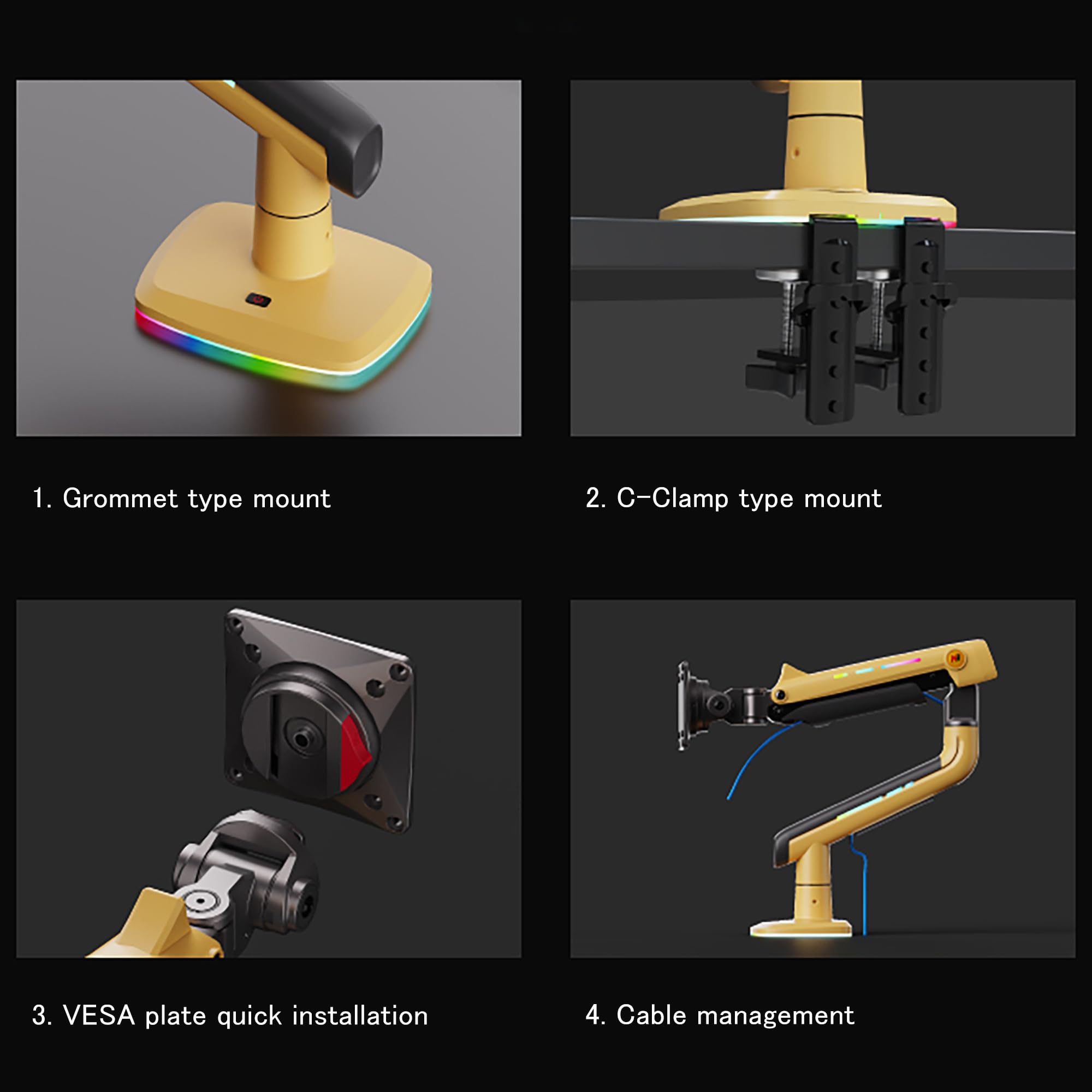 NB Ergonomic RGB Braccio Monitor per da 32 a 60 Pollici Schermo Piatti Ultrawide Curvi, Supporto per Monitor Resistente Carico fino a 20 kg VESA 75&100 mm (Giallo)