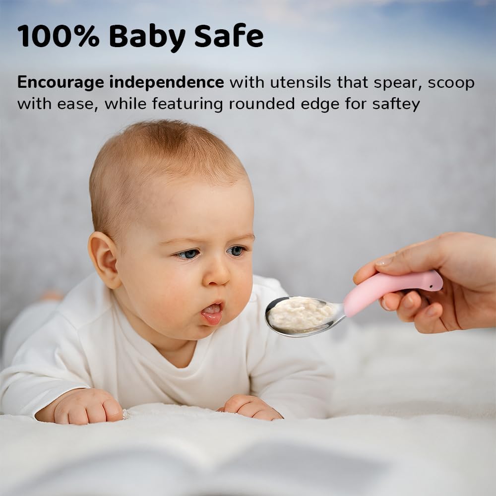 ONE AND ONLY Baby Spoon & Fork Set with Dino Cover | Stainless Steel & Soft Silicone Handle | BPA-Free, Ergonomic Feeding Utensils for 6–12 Months, Toddler Cutlery & Baby Shower Gift (Pink, Pack of 2) - Image 4 thumbnail