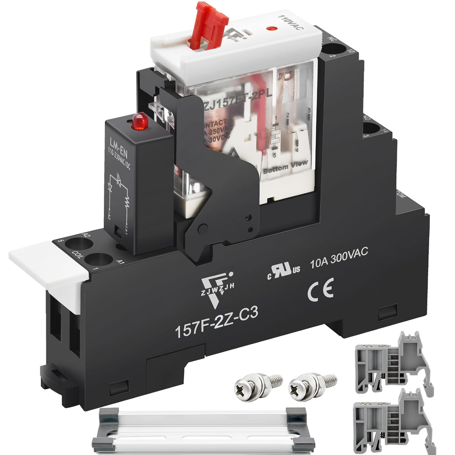 ZJWZJH UL Listed 110V-120V AC 8A DPDT Electromagnetic Relay w/ Test Button, LED Socket, DIN Rail Kit