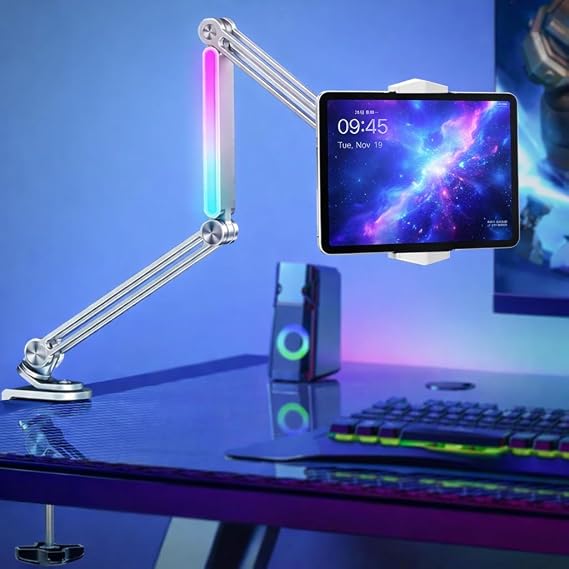 Coverzone Profesyonel Ayarlanabilir LED Işıklı Uzun Kollu Alüminyum Masaüstü 14.6 inç Kadar Uyumlu iPad ile Uyumlu Tablet Stant ve Tutucu | Cantilever Kol Tasarım, 360° Döner, Tablet Standı | P67H
