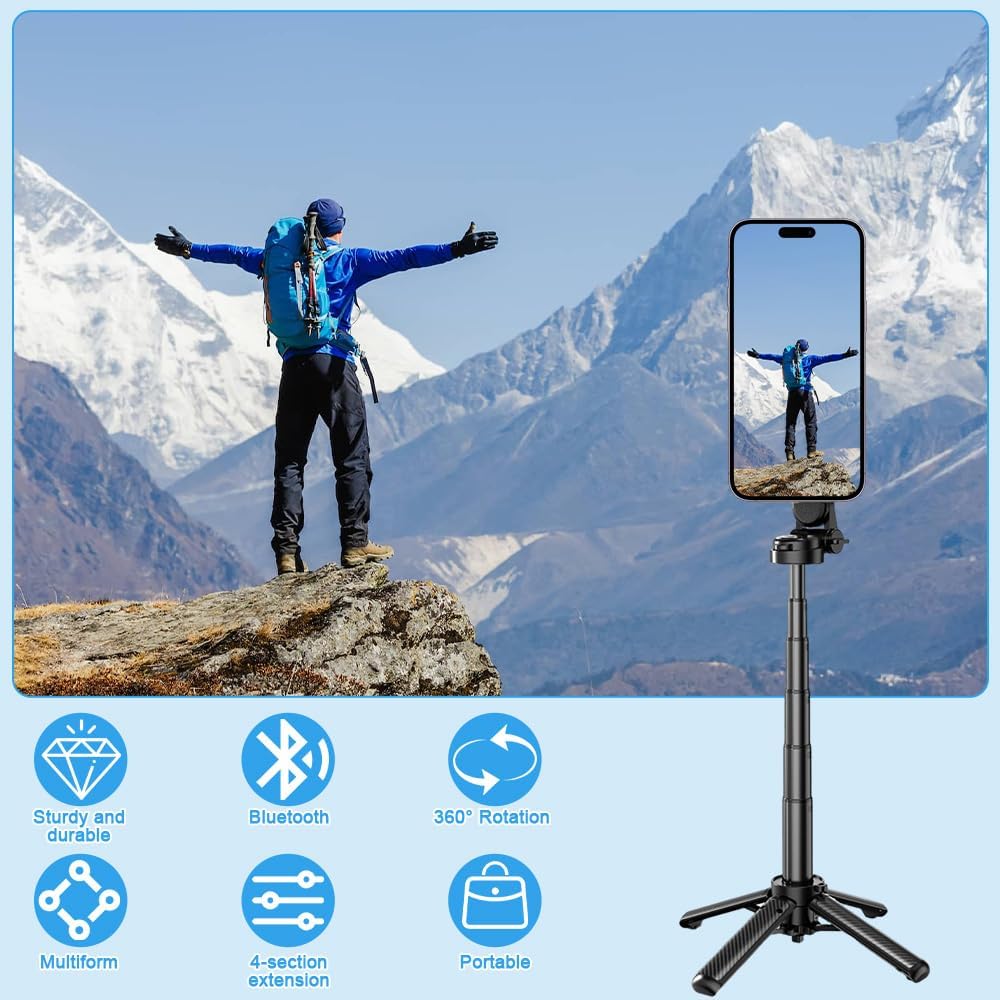 Wielofunkcyjny kijek do selfie, 4 w 1, magnetyczny kijek do selfie, z bezprzewodowym pilotem zdalnego sterowania, obrót o 360°, przenośny mini statyw do telefonu komórkowego, wysuwany, uchwyt