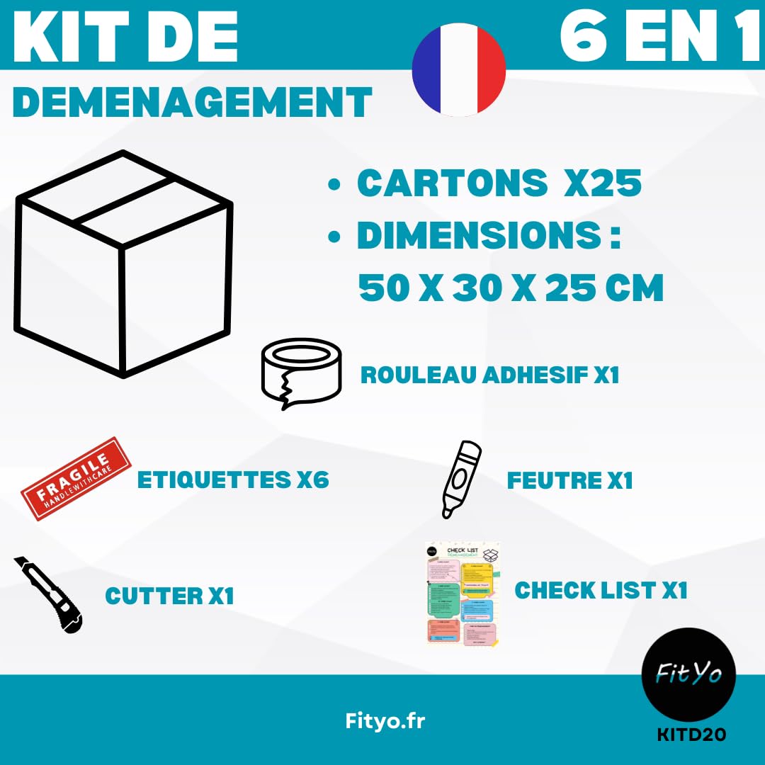 Lot de 25 Cartons de déménagement + OFFERT 1 rouleau adhésif, 1 feutre, 1 Cutter, 6 Étiquettes Fragile et 1 Checklist - Fabriqué en France - Kit de Déménagement 6 en 1