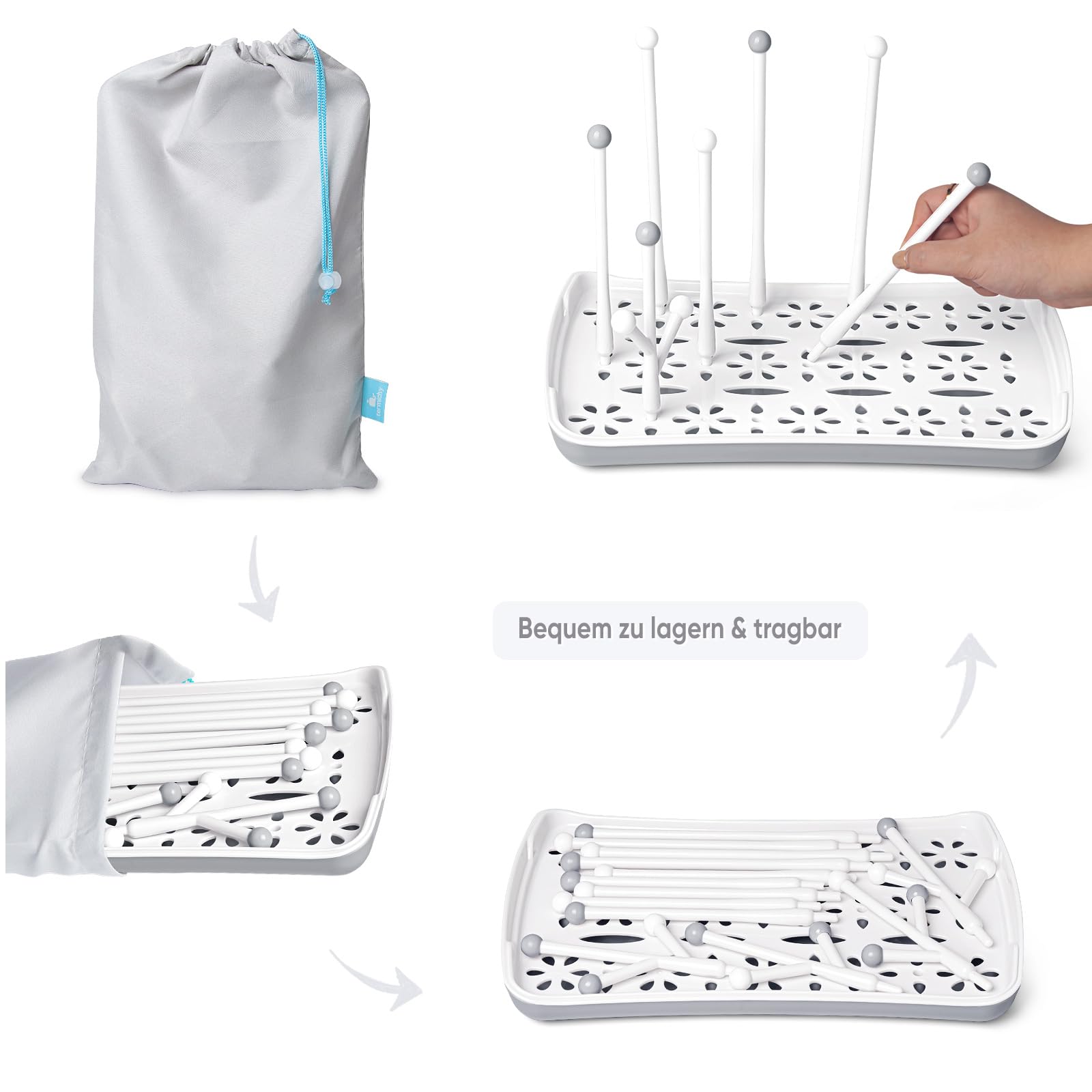 Termichy Trockenständer für Babyflaschen, Abtropfgestell für Flaschen, Saugern, Bechern und Zubehör, BPA-frei, Grau