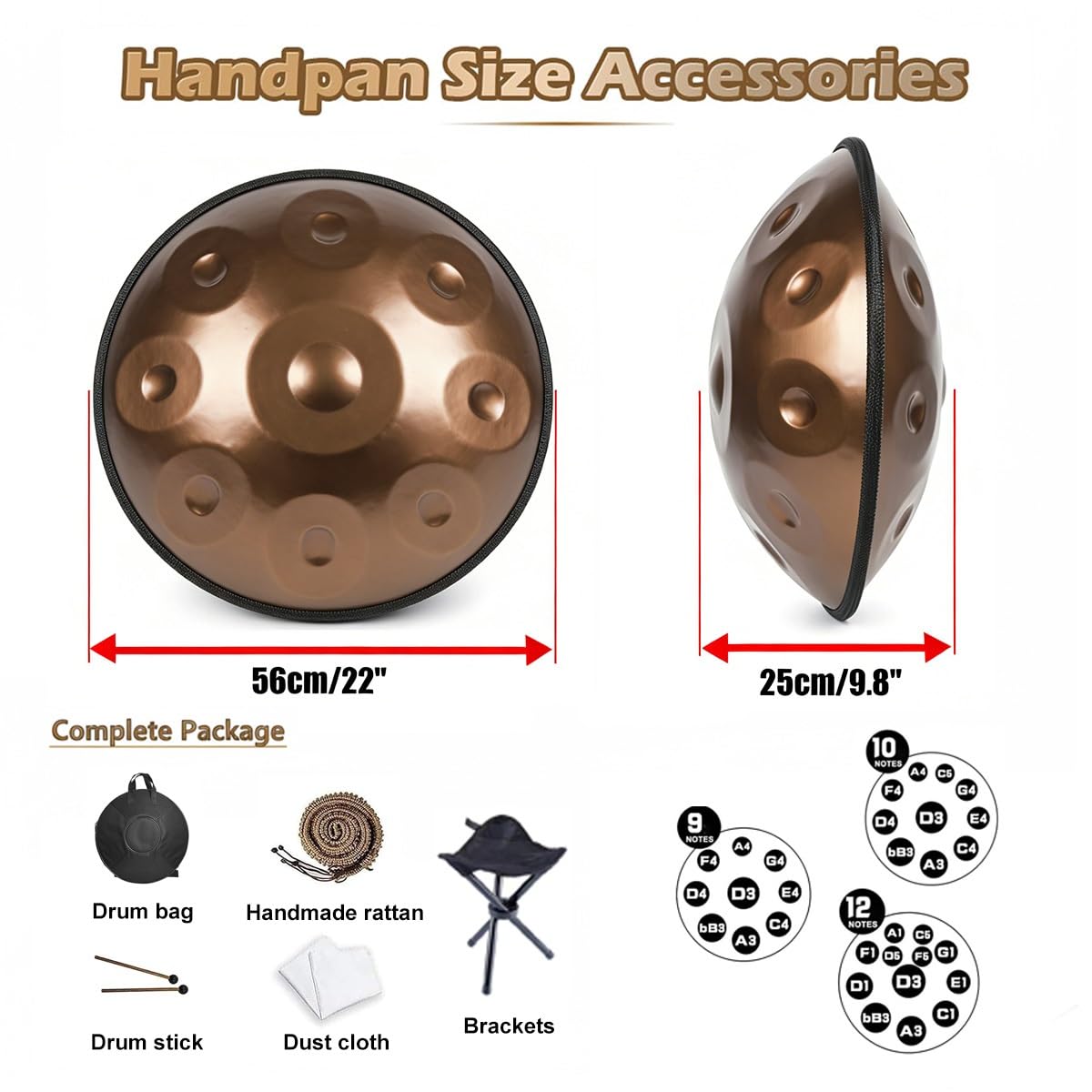 Tambor de mano para meditación y yoga, 22 pulgadas, 9 notas, instrumento profesional de acero hecho a mano en re menor para curación de sonido, 432 Hz/440 Hz