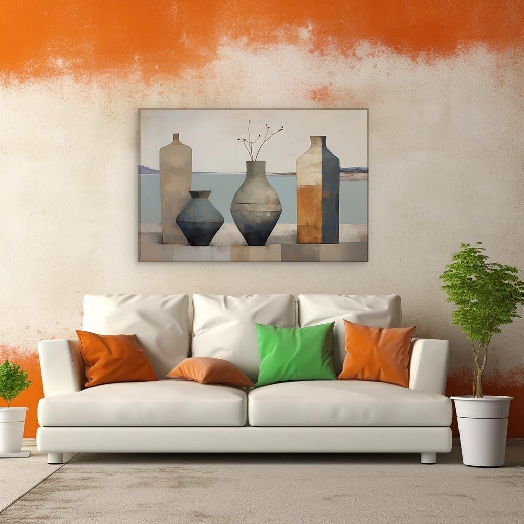 Canvas for Living room. Serenity in Stillness: Blue and Brown Vases Against a Calming Backdrop, 27 x 18 inch Canvas Wall Art - Ready to Hang - 69x46 cm (27x18 inch)