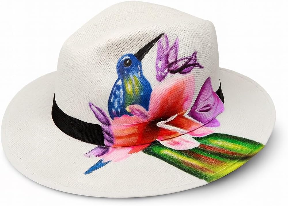 Hand-Painted Colombian Fedora Hat, White with Floral and Butterfly Design, Traditional Wide Brim Summer Hat, Artisan Crafted Random Models