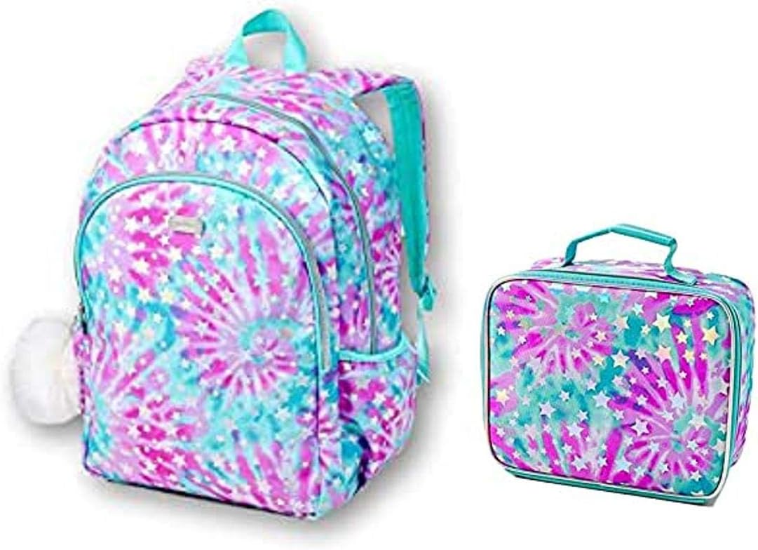 Justice Girls Foil Star Tie Dye Backpack + Lunch Tote + Water Bottle + pencils case (4 pieces) set Multi color