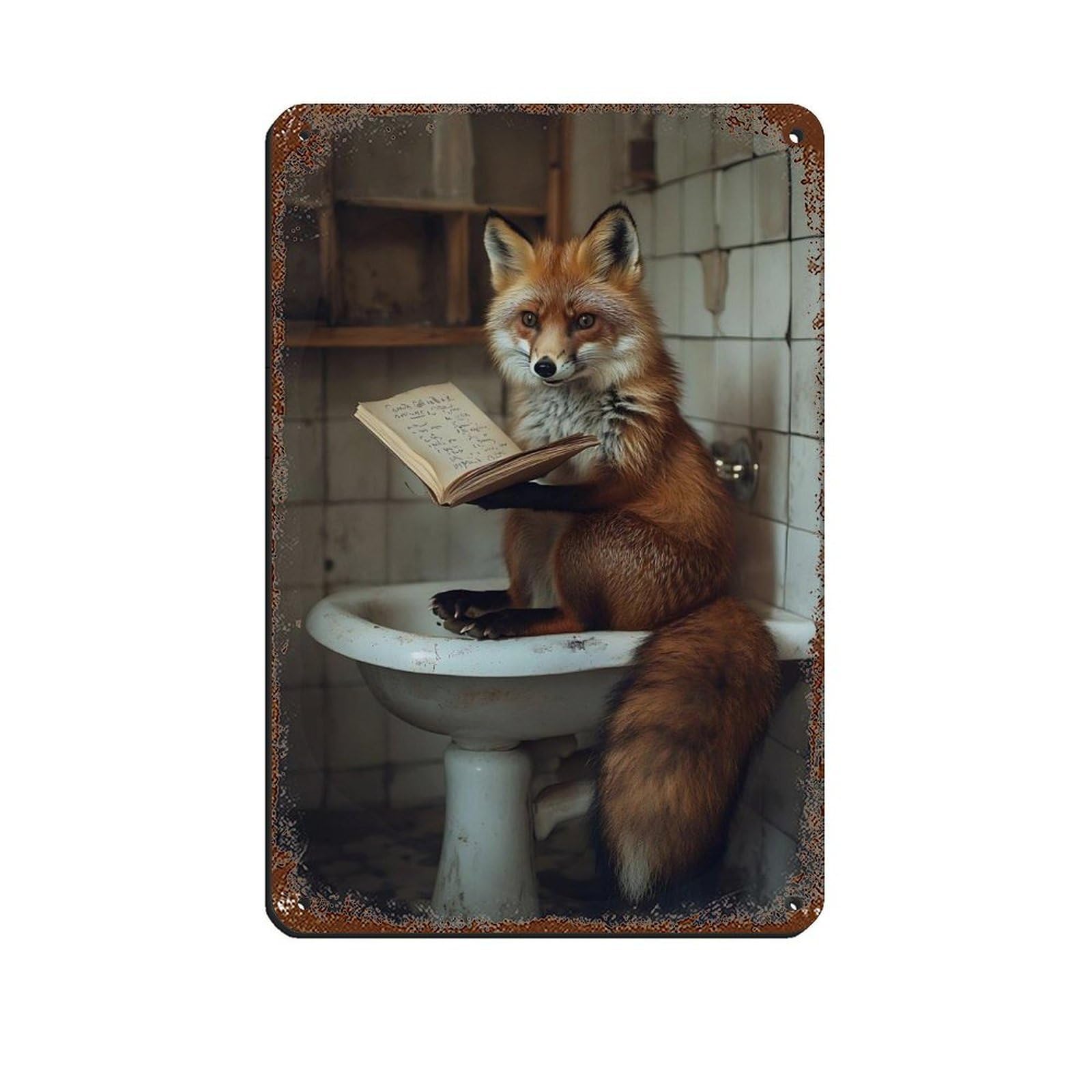 Whimsical Fox Reading in Bathtub Tin Sign Vintage Metal Pub Club Cafe Bar Home Wall Art Decoration Poster Retro 8x12inch(20x30cm)