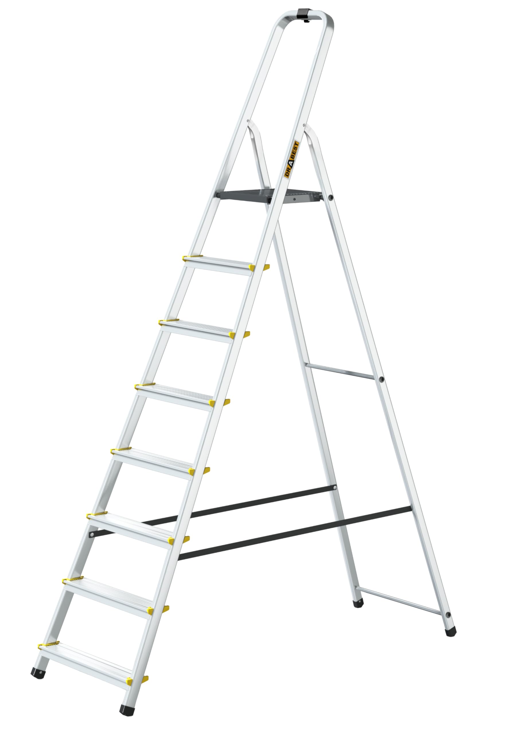 Drabest Silver 8-Step Aluminum Ladder, 150 Kg Load Capacity, Foldable, Non-Slip Treads, Sturdy Frame, Compact For Storage, Equipped With A Practical Tool Hook