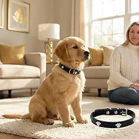 Coleira de couro para cães com lindo rebite de pata, coleiras impermeáveis para caminhadas diárias, corrida, treinamento, coleira ajustável para cães e gatos pequenos, médios e grandes, 26 a 34 cm