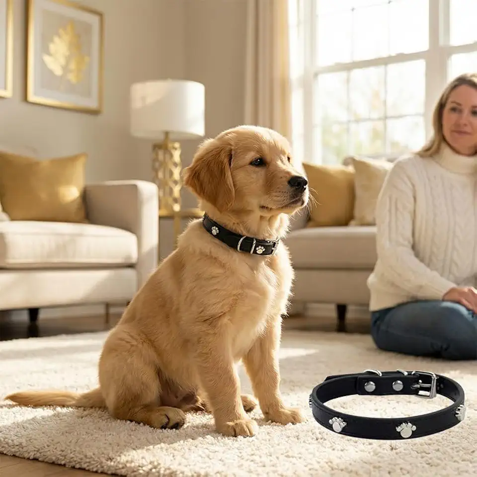 Coleira de couro para cães com lindo rebite de pata, coleiras impermeáveis para caminhadas diárias, corrida, treinamento, coleira ajustável para cães e gatos pequenos, médios e grandes, 26 a 34 cm