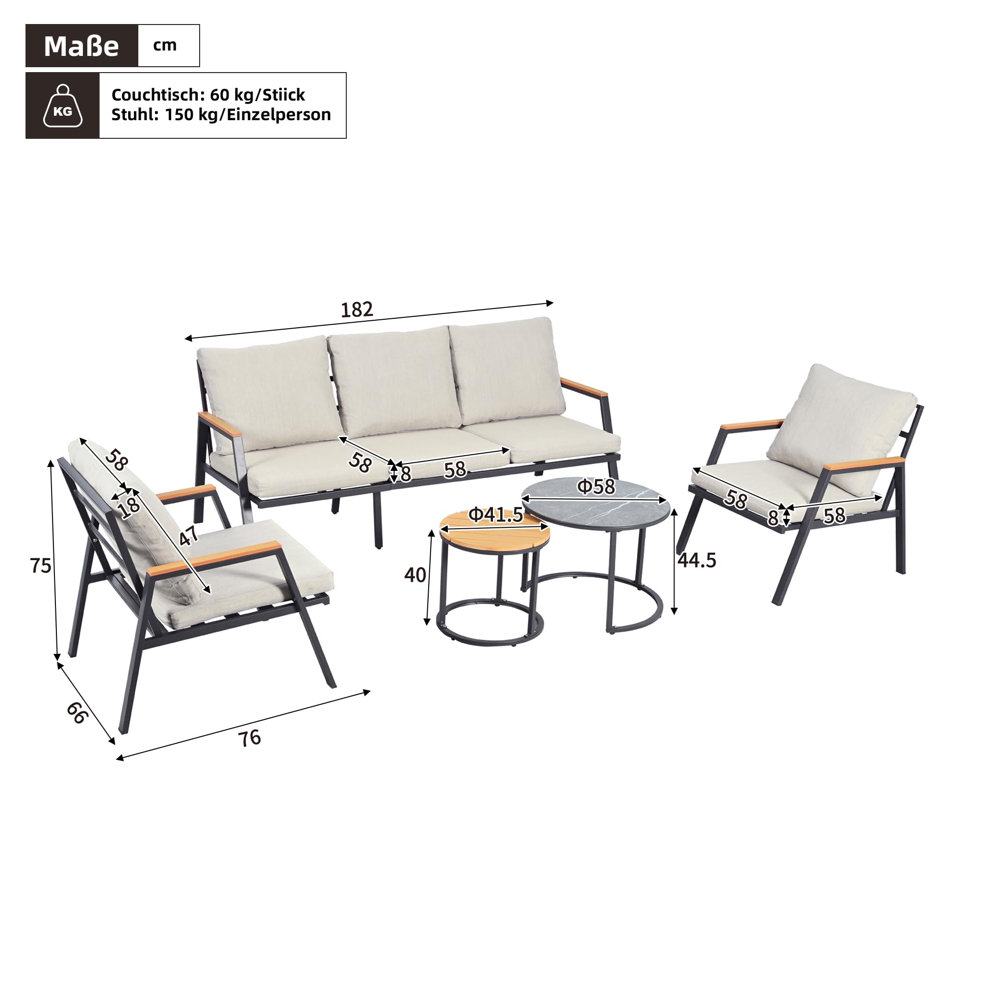 Juego de sillones de jardín, muebles de exterior, con cómodos cojines, sofá de 3 plazas, 2 sillones y 2 mesitas, cristal lacado mármol y madera plástica, acero galvanizado, beige