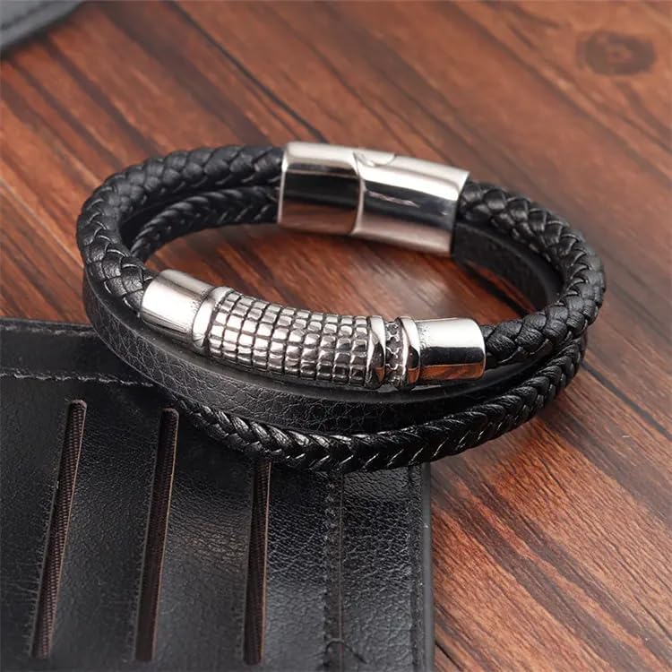 Image of THE MEN THING Leather Bracelet for Men - American Style Genuine Leather Multi-Layer Braided Bracelet with 100% Stainless Steel Magnetic Buckle for Men & Boys (8 inch)