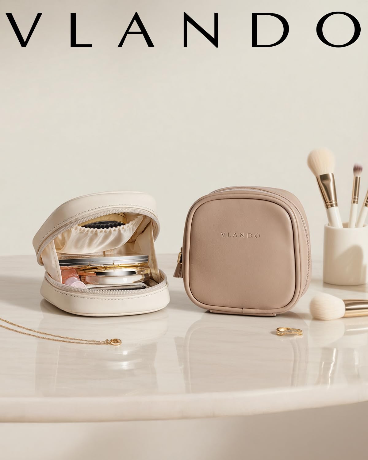 Vlando Small Makeup Bag for Women Girls, Mini Makeup Bag Pouch for Purse, Waterproof Cosmetic Bag with Wide-Opening Zipper, Portable Travel Makeup Bag Toiletry Bag, Travel Essentials, Toffee - 3