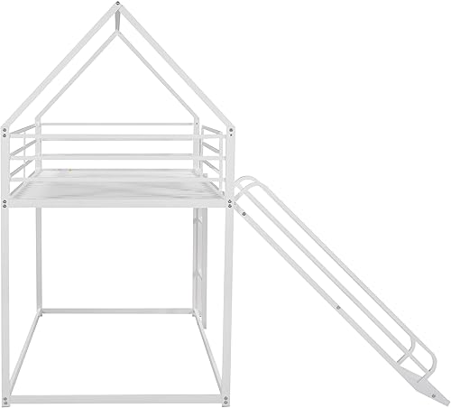 Miniatura 7 de Oudiec Litera individual sobre individual con tobogán y escalera, literas de metal en forma de casa con barandilla de seguridad, no necesita somier