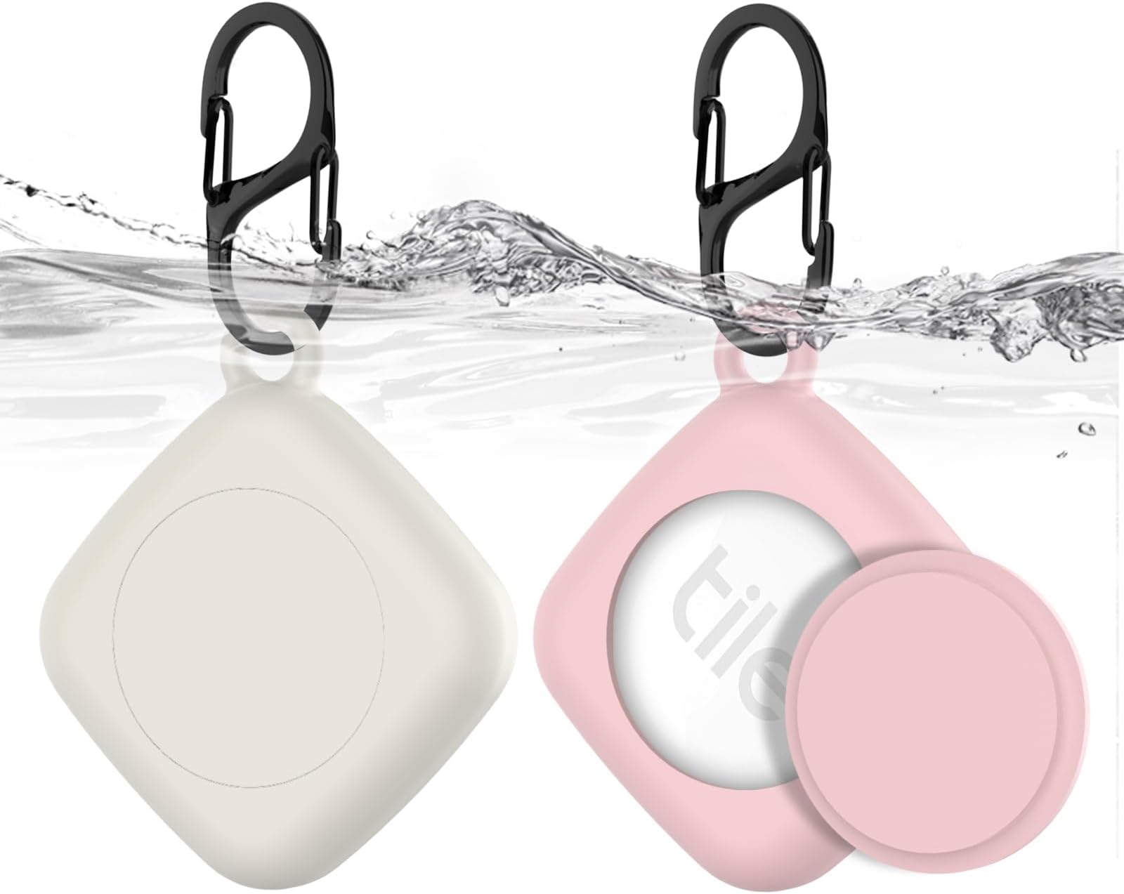Silicone Case for Life360 Tile Tracker 2 Pack, for Tile Mate 2022 Full Body IPX8 Waterproof and Anti-Scratch Protective with Carabiner for Kids, Keys, Luggage, Cat/Dog Collar Tag (Off White+Pink)