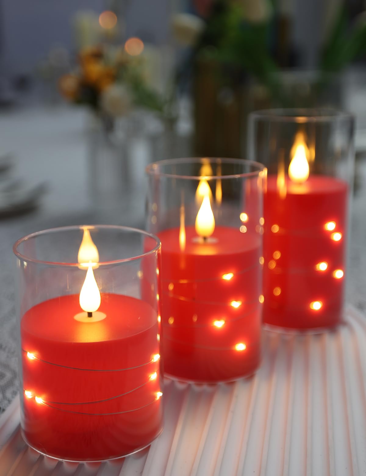 Candela rossa a led con candela della batteria del telecomando del timer, stringa della luce surround, colonna in plexiglass 10cm, 12,5 cm,15cm candela realistica del pilastro della candela del led.