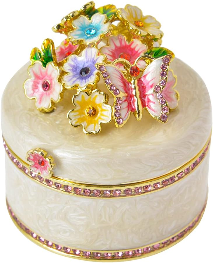 Enamel Flower & Butterfly Trinket Box, Crystal Embellished Jewelry Storage, Hand Painted Round Case for Rings/Earrings, Ideal for Home Decor & Gifting - Image 6