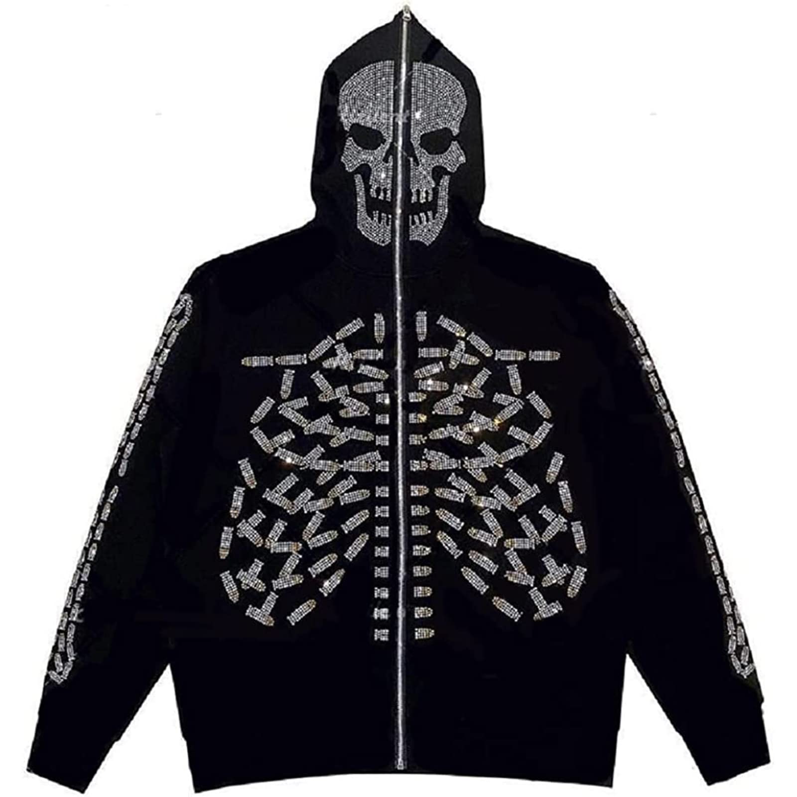 Rhinestone Zip Hoodie Glitter Skeleton Jacket KOMOO Women's